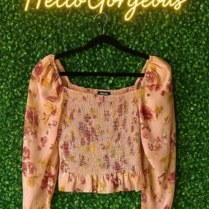 Express Pink Floral Puff Sleeve Smocked Blouse